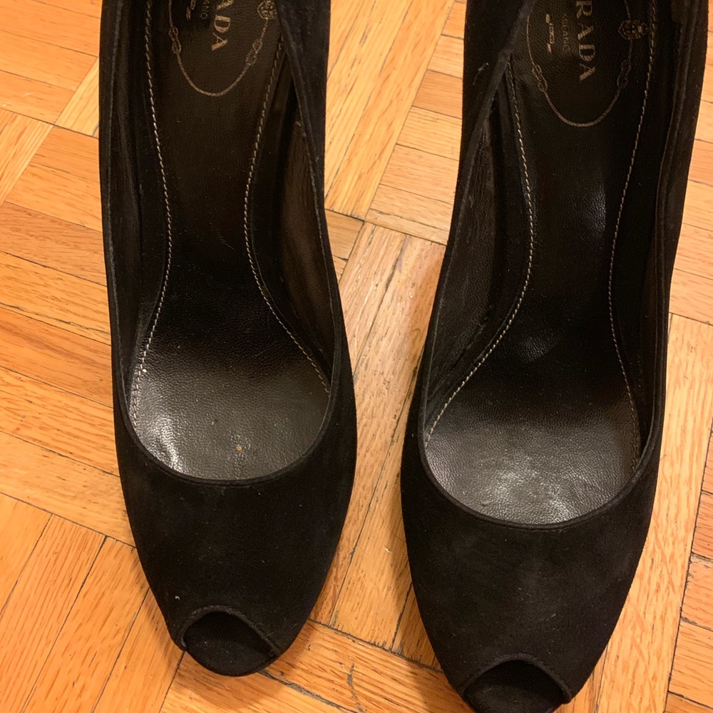 Prada Black Suede Peeptoe Pumps With .75” Platform